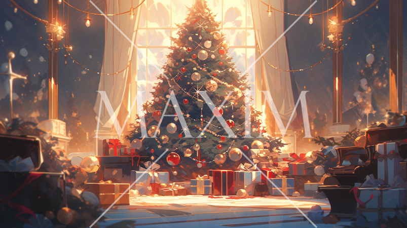 クリスマスツリーの前に並べられているクリスマスプレゼント