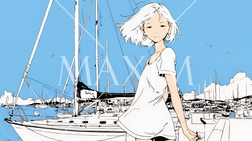 沖縄のヨットハーバーに立つ若い女性（シンプルな色使い）