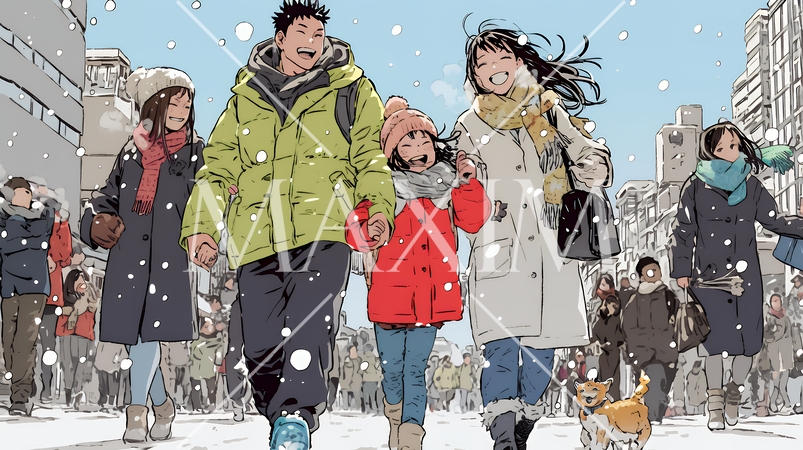 雪の日に家族で仲良く散歩に出かけている