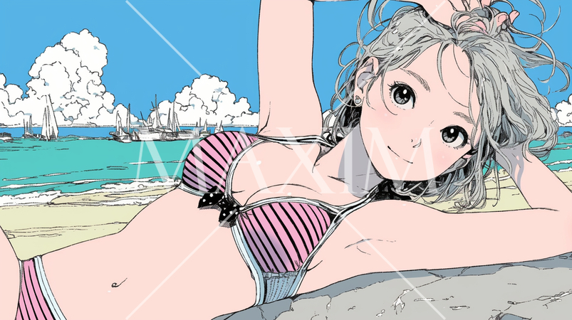 南国の海岸にビキニ姿でいる若い女性