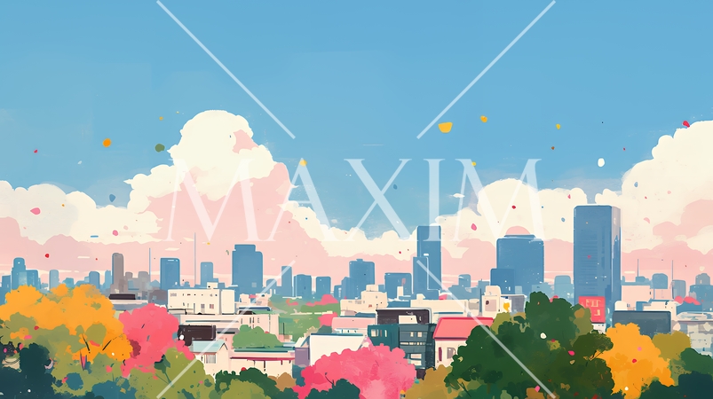 都市の町並みと青空（ポップでキュートな色使い）