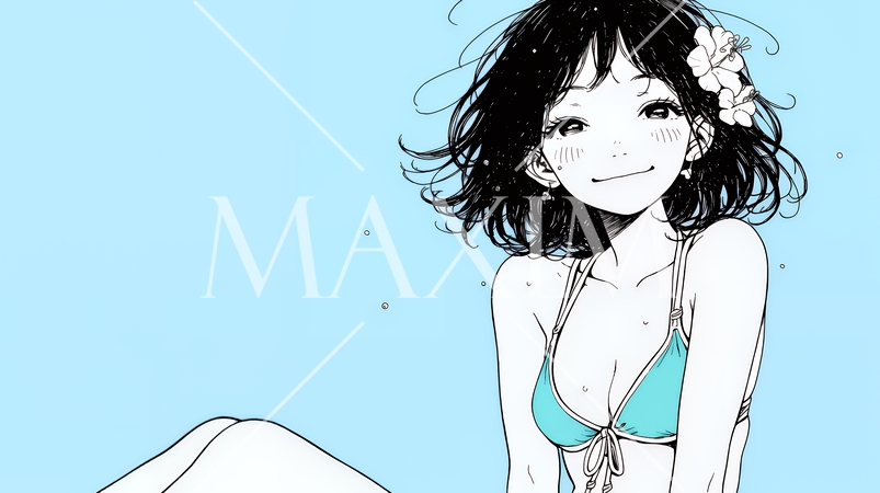 ビキニ姿の若い女性（シンプルな色使い）