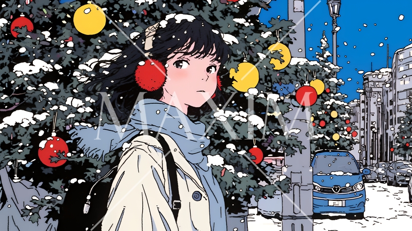 ホワイトクリスマスの街を歩く若い女性