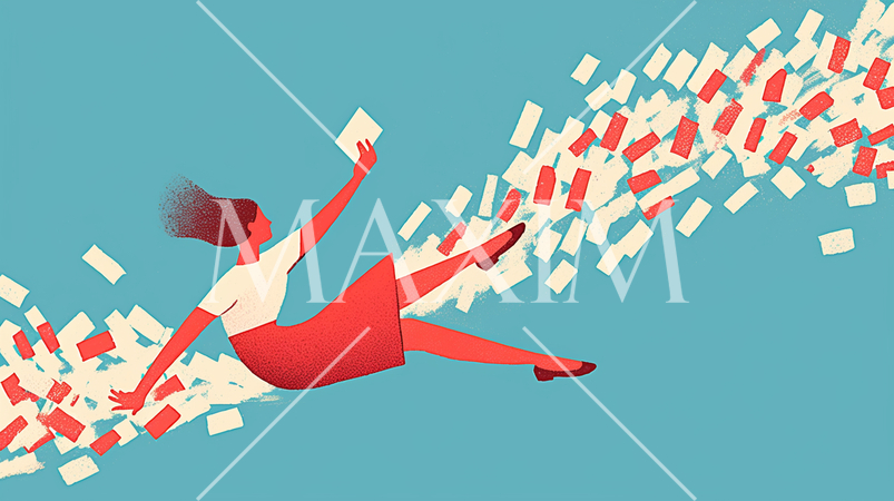 手紙が届きました：たくさんのメールを処理している女性はメールと一緒に風で飛ばされた