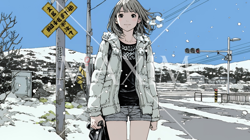 雪解けでぬかるんだ道を歩く若い女性