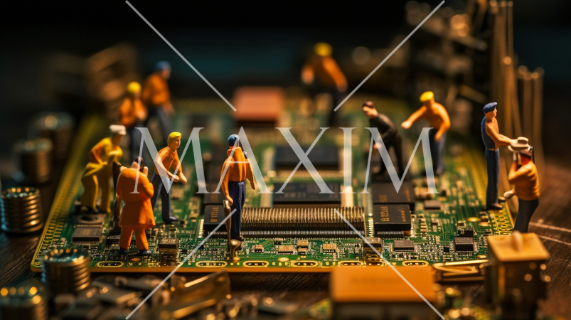 PCの基板の上で一生懸命働いている小人たち