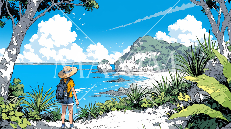 晴れた夏の日、若い女性が沖縄の海沿いの公園を散策中