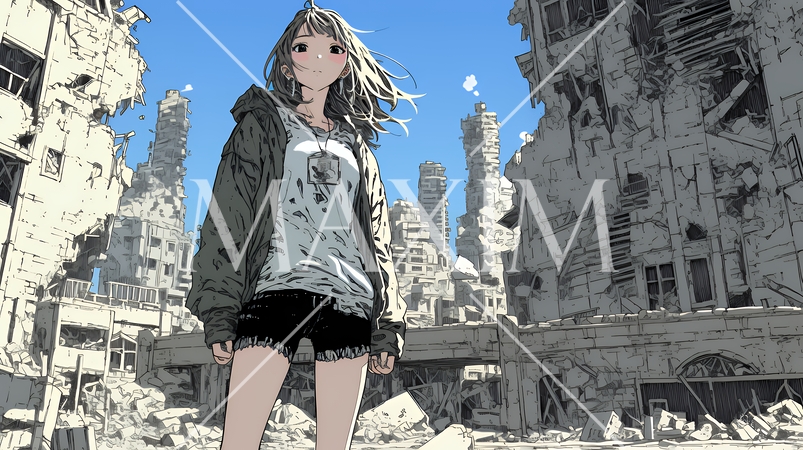 震災や空爆などで破壊された街で孤独に立ちすくむ若い女性