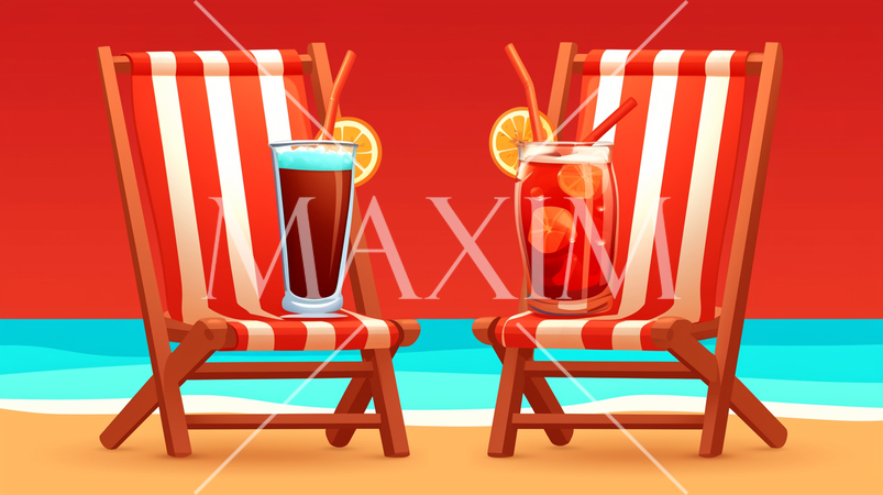 赤いビーチチェアとドリンク