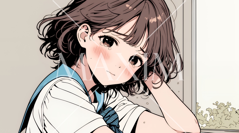 涙ぐむ制服姿の女子高生