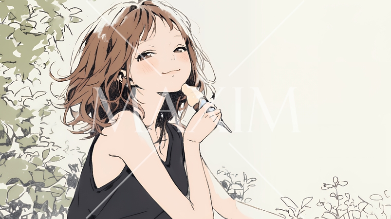 夏空の下でソフトクリーム（コーンに乗ったアイスクリーム）をたべる若い女性（シンプルな色使い）