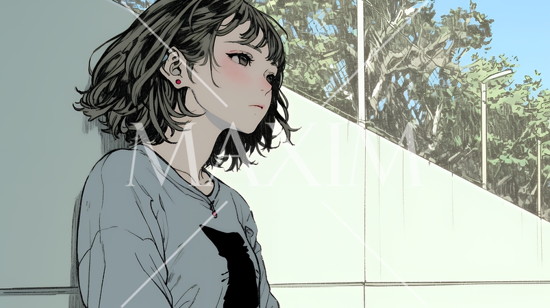 白い壁に向かって考え事をする若い女性