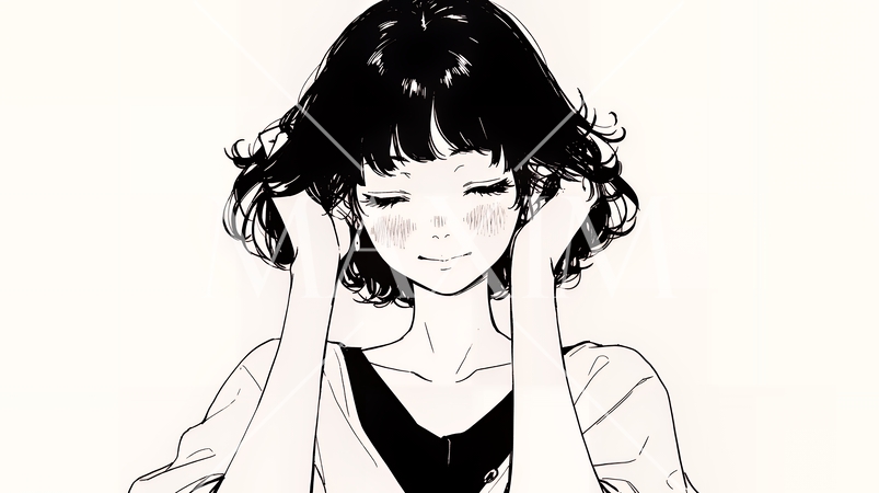 気恥ずかしそうに頭をかき、ごまかすような仕草を見せる若い女性（シンプルな色使い）