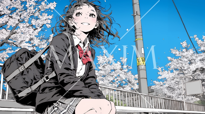 満開の桜の木の下を歩く制服姿の女子高生