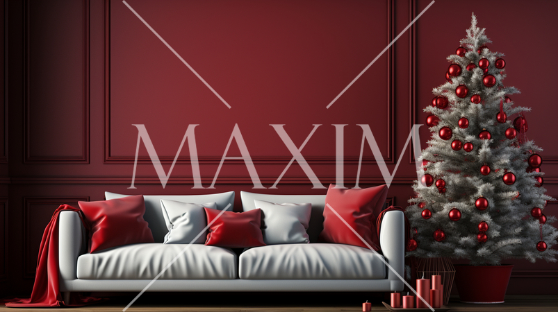 クリスマスツリー飾りのある赤色基調の居間