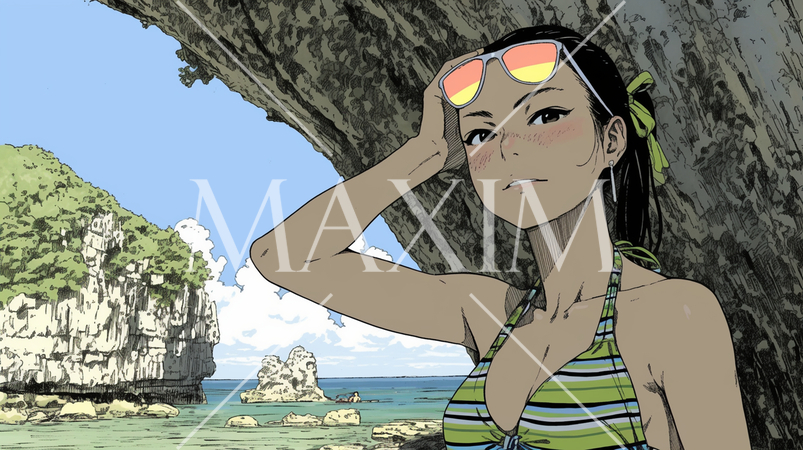 南国の海岸にビキニ姿でいる若い女性