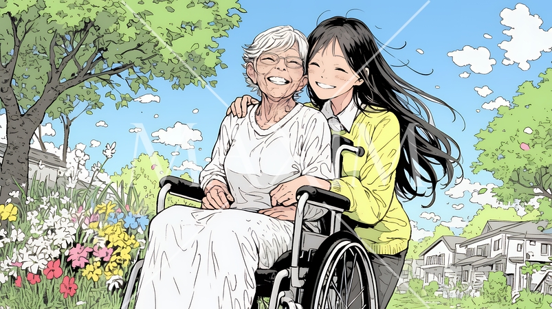 車椅子の歳をとった女性が若い女性に付き添われて公園を散歩している