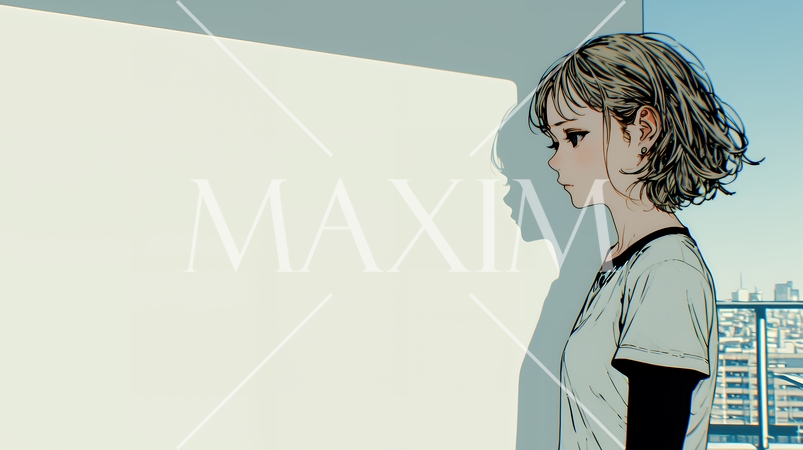 白い壁に向かって考え事をする若い女性