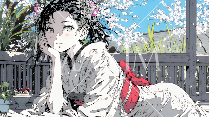 満開の梅の花と和服姿の若い女性