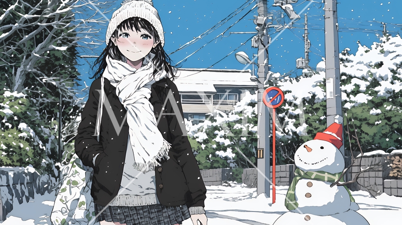 雪の積もる田舎道を歩いている若い女性