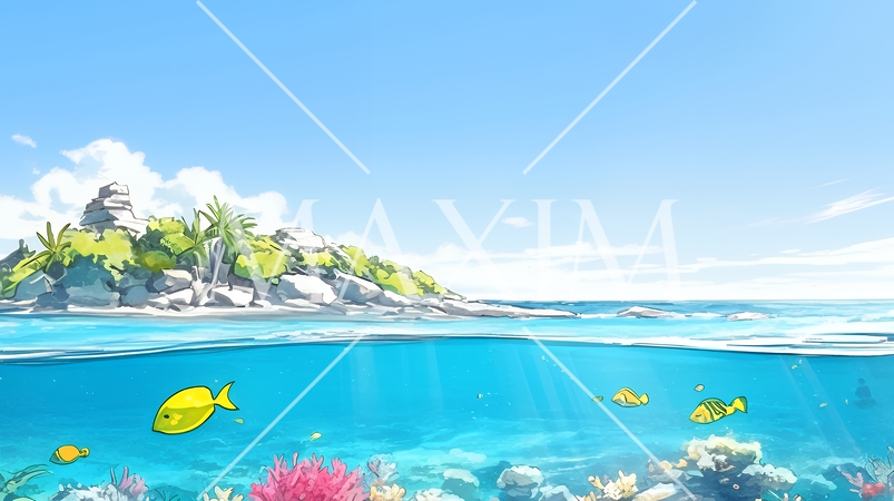 夏の青い空、青い海、白い雲と砂浜のコントラスト（クレヨン＋水彩画風）