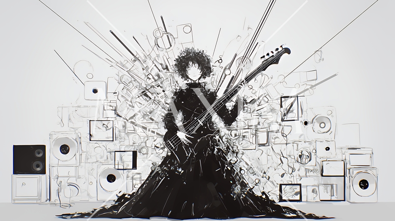 音楽は爆発だ：楽曲演奏をしている女性から色々な楽器が爆発するように飛び出している