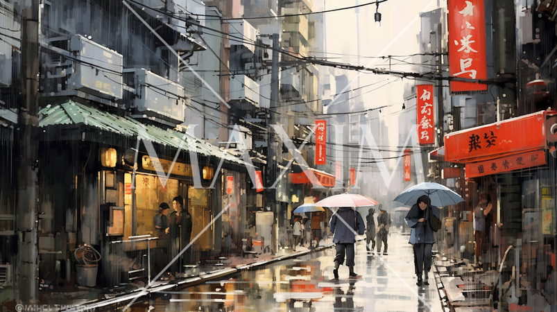 雨降りの飲み屋街の風景：　水彩画