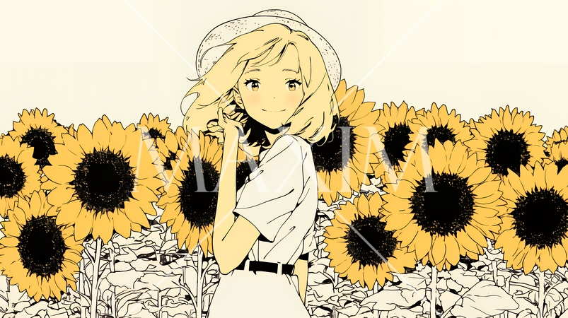 ひまわりと女性（シンプルな色使い）