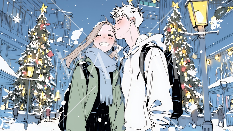 クリスマスイルミネーションの街でデートしているカップル