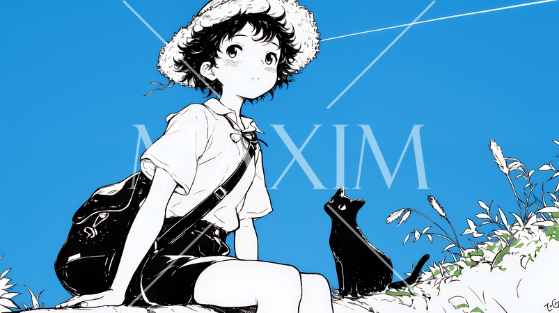 夏休みの思い出：海辺の町への一人旅（シンプルな色使い）