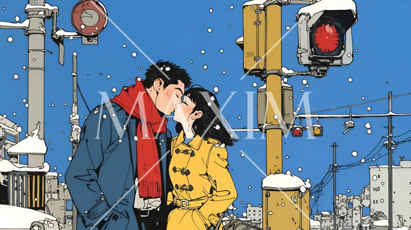 冬枯れ街をデートしている若い恋人たち