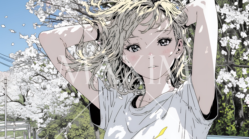 満開の桜の下、春風に乱れた髪を整える若い女性