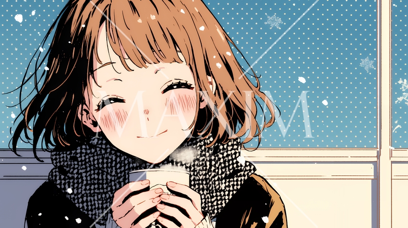 寒い冬、温かい飲み物を手にして、ふっと幸せそうに微笑む若い女性