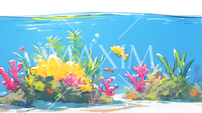 沖縄の海の中のイメージクレヨン＋水彩画風）