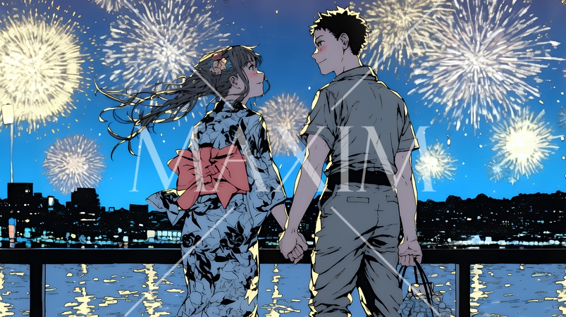 打ち上げ花火を見ている若いカップル