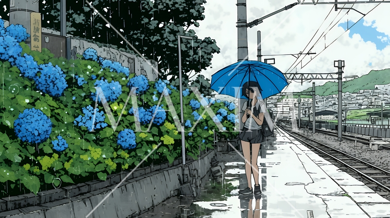 鉄道の駅のプラットフォームに植えられた満開のあじさいと梅雨の雨と若い女性