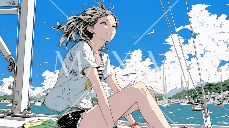 ヨットに乗っている若い女性