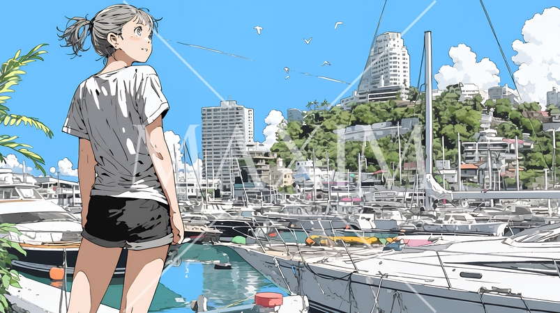 沖縄のヨットハーバーに立つ若い女性