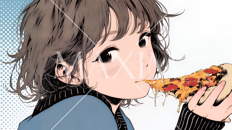 ピザを食べている若い女性