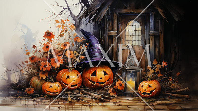 ハロウィンをイメージした古い屋敷の水彩画