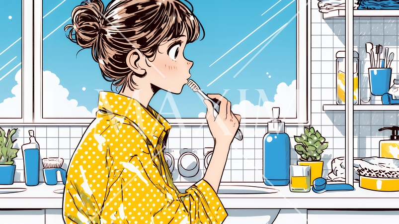 洗面所で朝の歯磨きをする若い女性