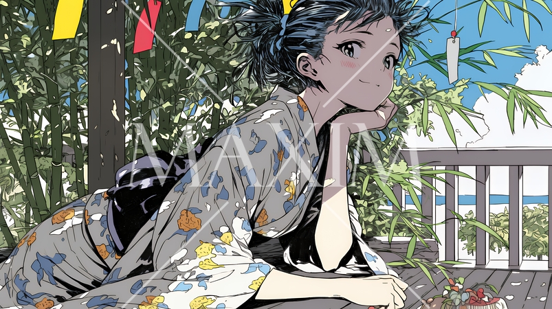 七夕飾りと和服を着た若い女性