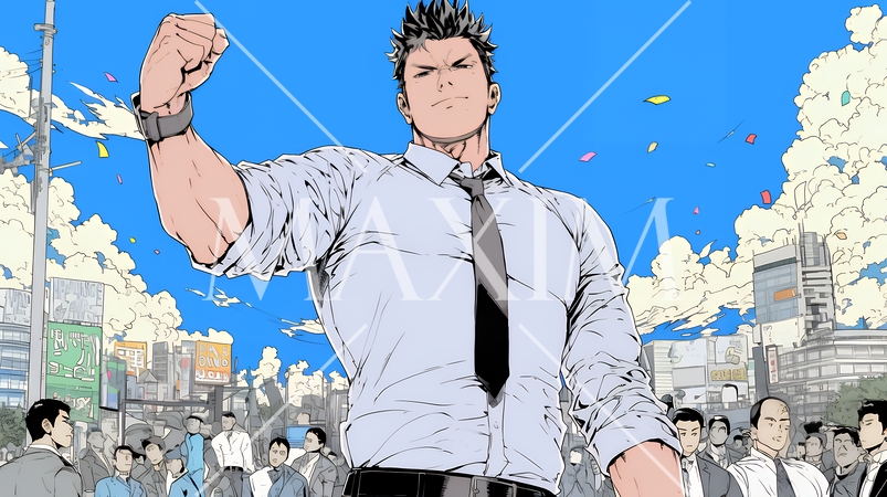 ガッツポーズ（拳を握って力強く）をしているビジネスマン