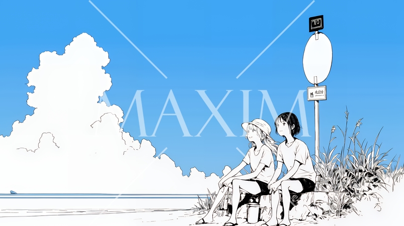 南国の海岸に友達と旅をしている若い女性（シンプルな色使い）