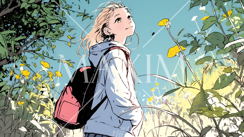 秋の野山をハイキングしている若い女性