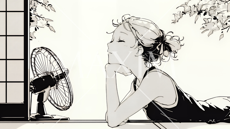 暑い夏の昼下がり、扇風機にあたって涼んでいる若い女性（シンプルな色使い）