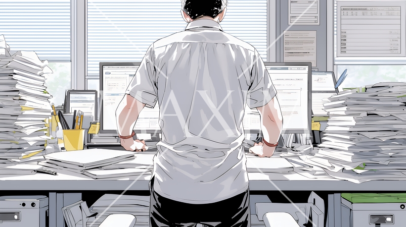 オフィスのデスクで、入念に書類をチェックする男性