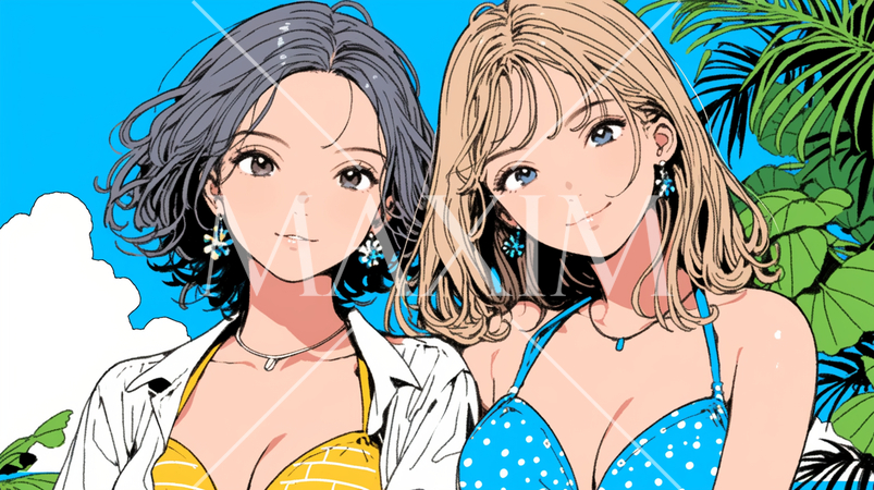 ビキニを着て南の島を散策中の若い女性