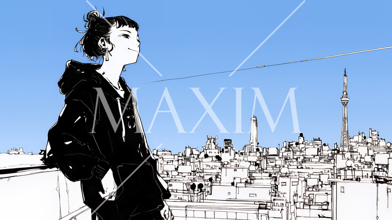 若い女性が佇む都市の街角（シンプルな色使い）