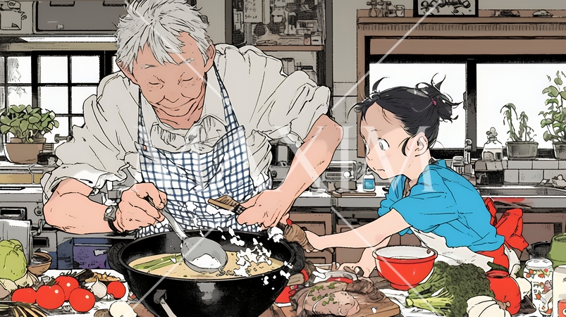 おじいさんが孫と一緒に料理を楽しそうに作っている